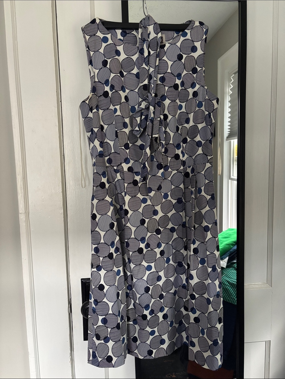 Anne Klein Navy and White Polka Dot Tie-Neck A-Line Dress